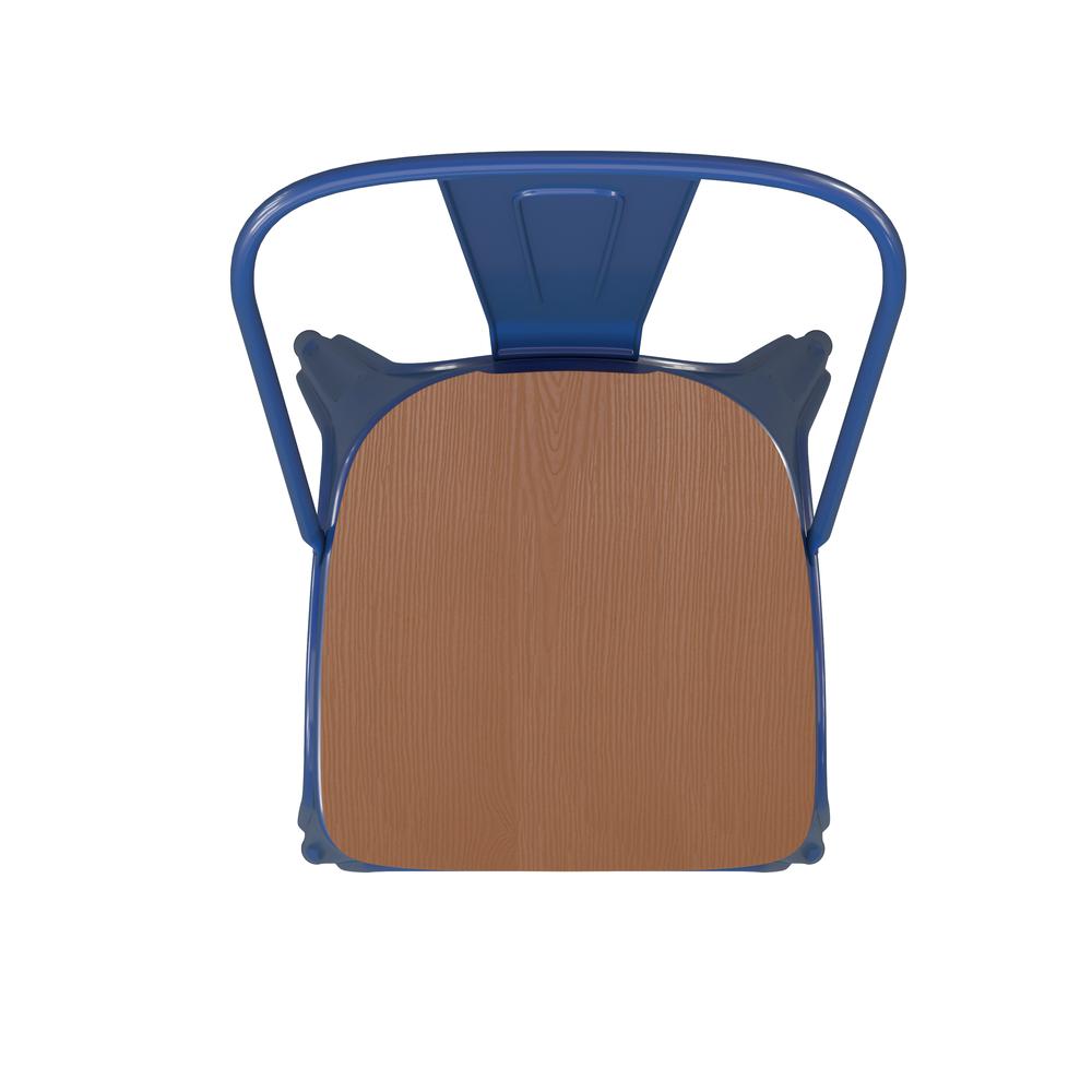 Blue Metal Indoor-Outdoor Stackable Chair with Teak Poly Resin Wood Seat. Picture 12