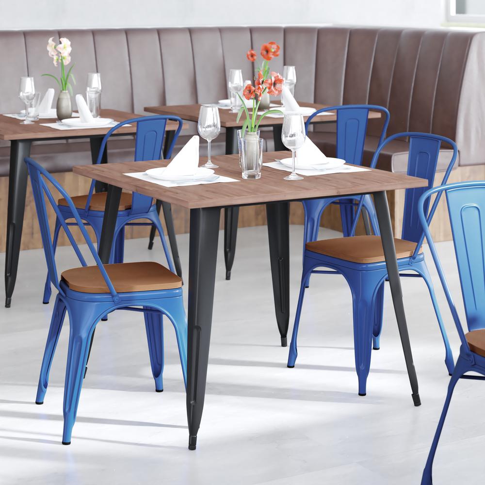 Blue Metal Indoor-Outdoor Stackable Chair with Teak Poly Resin Wood Seat. Picture 1