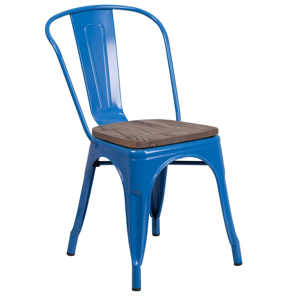 Blue Metal Stackable Chair with Wood Seat. Picture 1