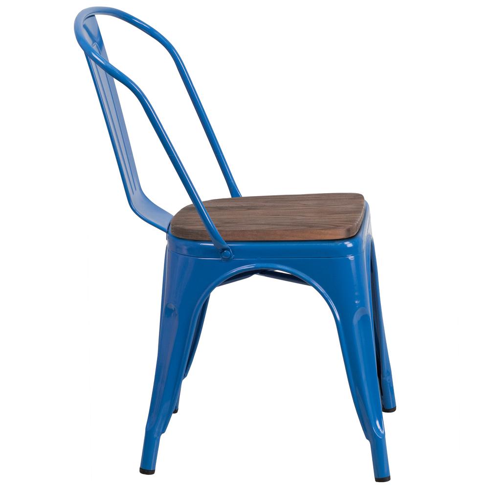 Blue Metal Stackable Chair with Wood Seat. Picture 2