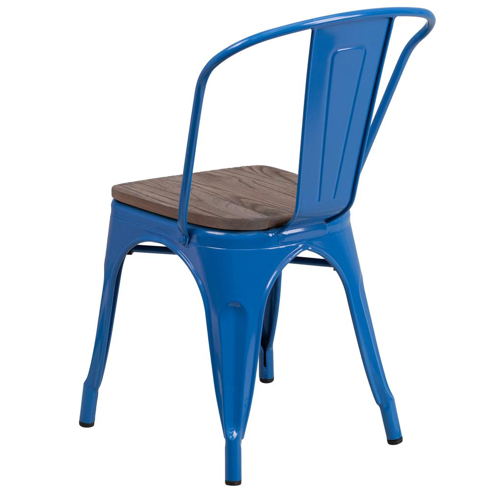 Blue Metal Stackable Chair with Wood Seat. Picture 3