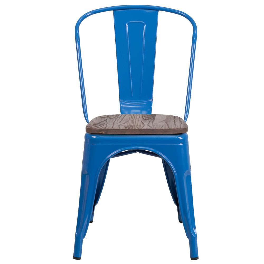 Blue Metal Stackable Chair with Wood Seat. Picture 4