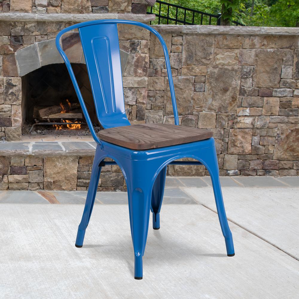 Blue Metal Stackable Chair with Wood Seat. Picture 5