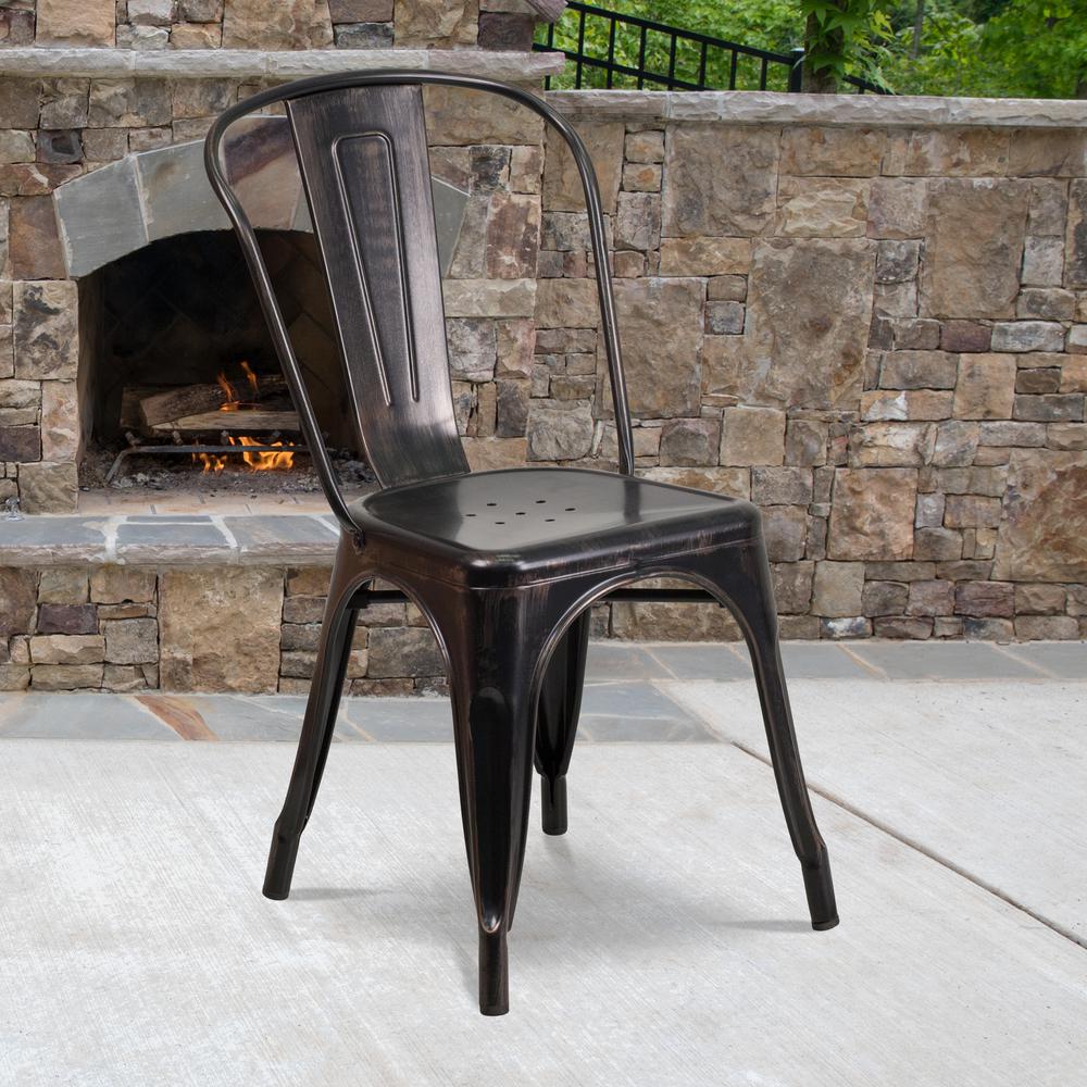 Commercial Grade Black-Antique Gold Metal Indoor-Outdoor Stackable Chair. Picture 9
