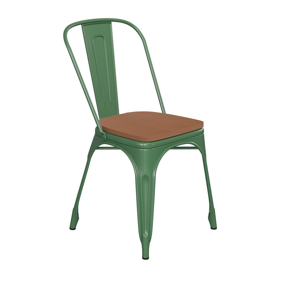 Perry Commercial Grade Green Metal Indoor-Outdoor Stackable Chair with Teak Poly Resin Wood Seat. Picture 2