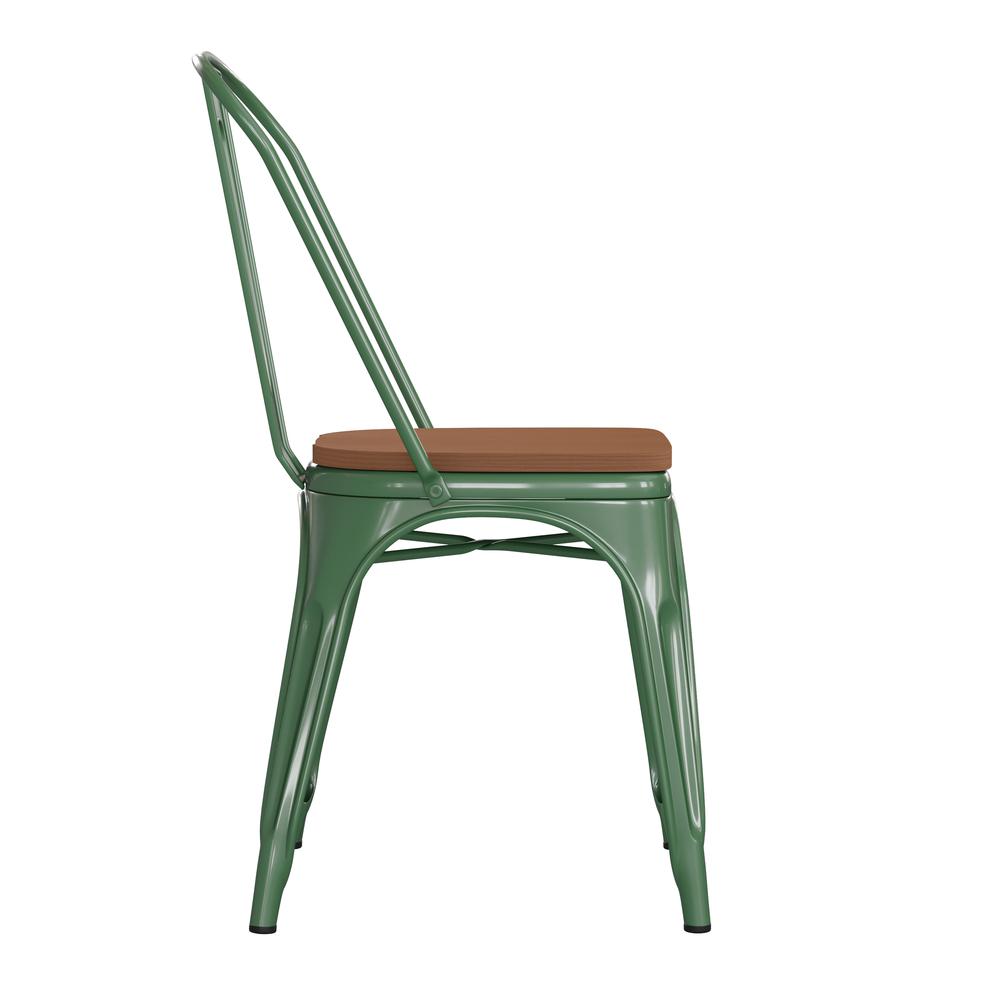 Perry Commercial Grade Green Metal Indoor-Outdoor Stackable Chair with Teak Poly Resin Wood Seat. Picture 10
