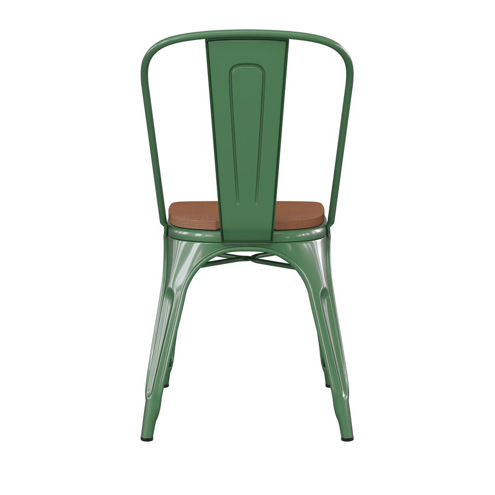 Perry Commercial Grade Green Metal Indoor-Outdoor Stackable Chair with Teak Poly Resin Wood Seat. Picture 9