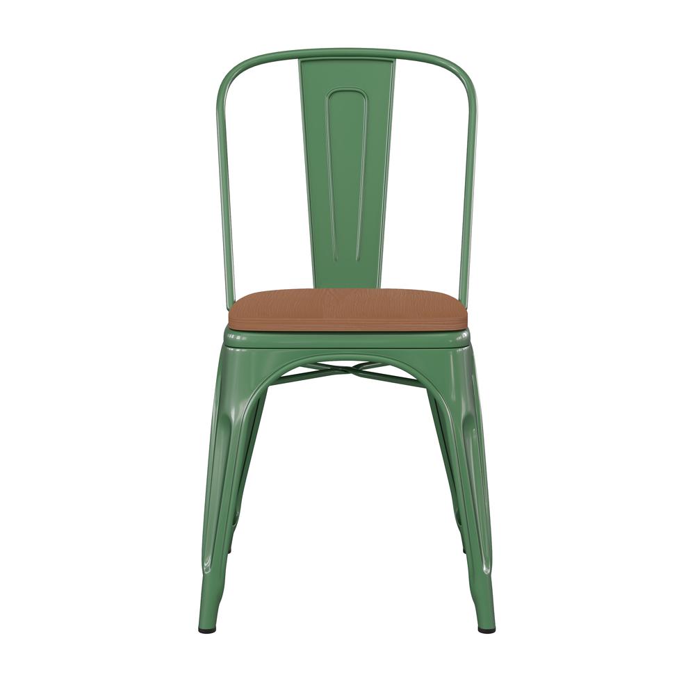 Perry Commercial Grade Green Metal Indoor-Outdoor Stackable Chair with Teak Poly Resin Wood Seat. Picture 11