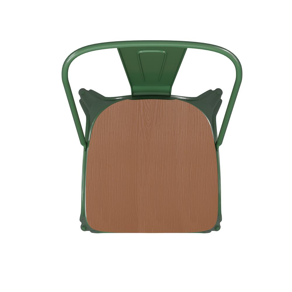 Perry Commercial Grade Green Metal Indoor-Outdoor Stackable Chair with Teak Poly Resin Wood Seat. Picture 12