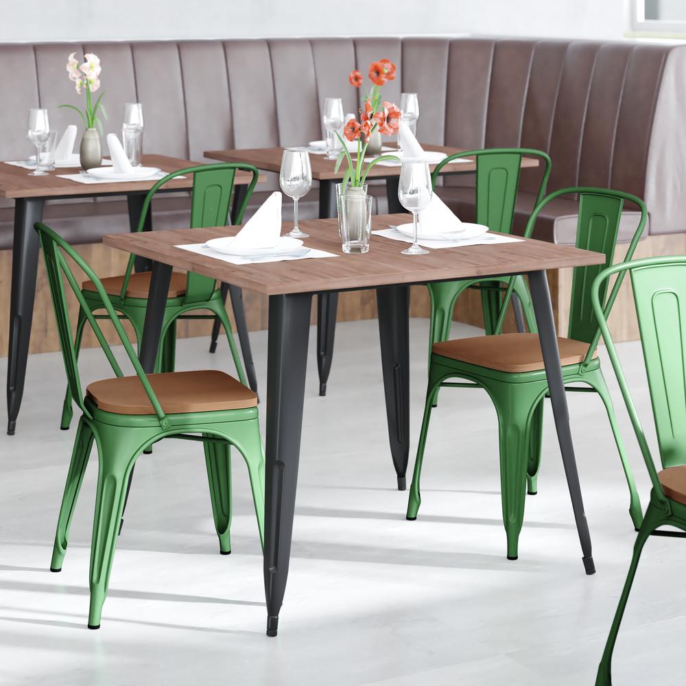 Perry Commercial Grade Green Metal Indoor-Outdoor Stackable Chair with Teak Poly Resin Wood Seat. The main picture.