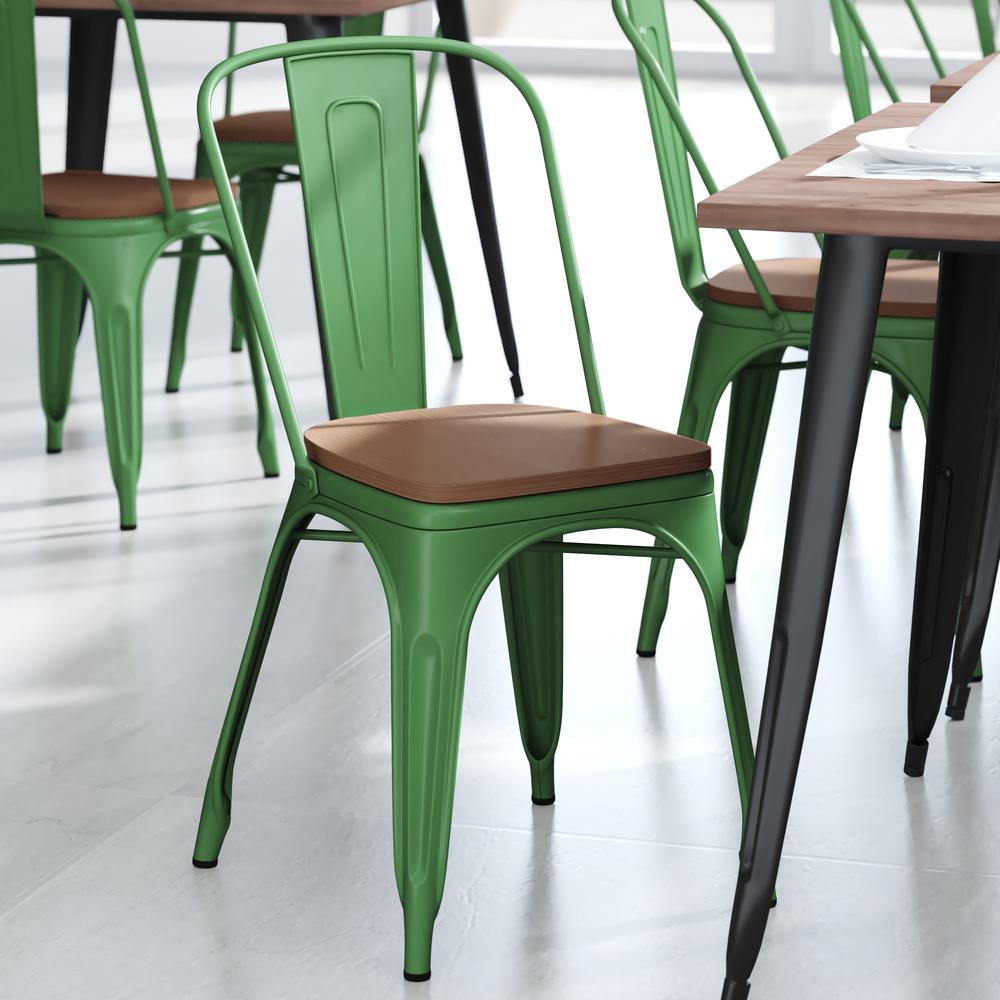 Perry Commercial Grade Green Metal Indoor-Outdoor Stackable Chair with Teak Poly Resin Wood Seat. Picture 7