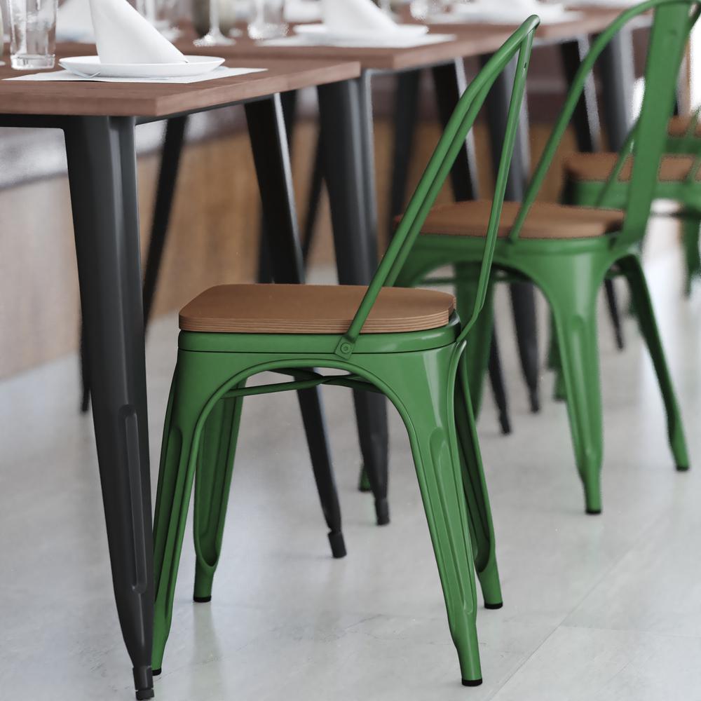 Perry Commercial Grade Green Metal Indoor-Outdoor Stackable Chair with Teak Poly Resin Wood Seat. Picture 8