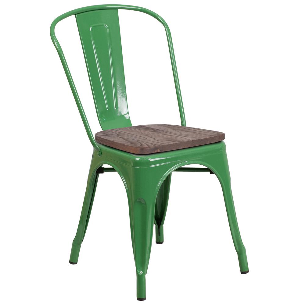 Green Metal Stackable Chair with Wood Seat. Picture 1