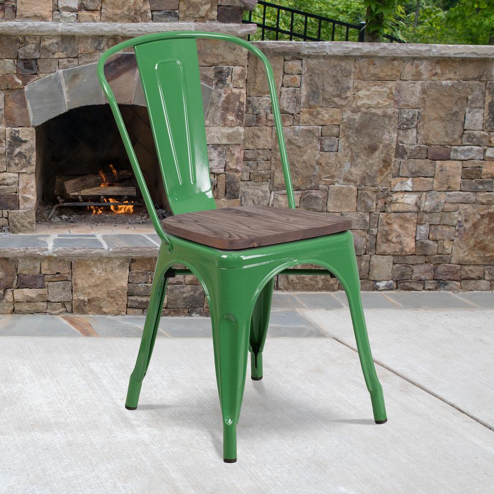 Green Metal Stackable Chair with Wood Seat. Picture 5