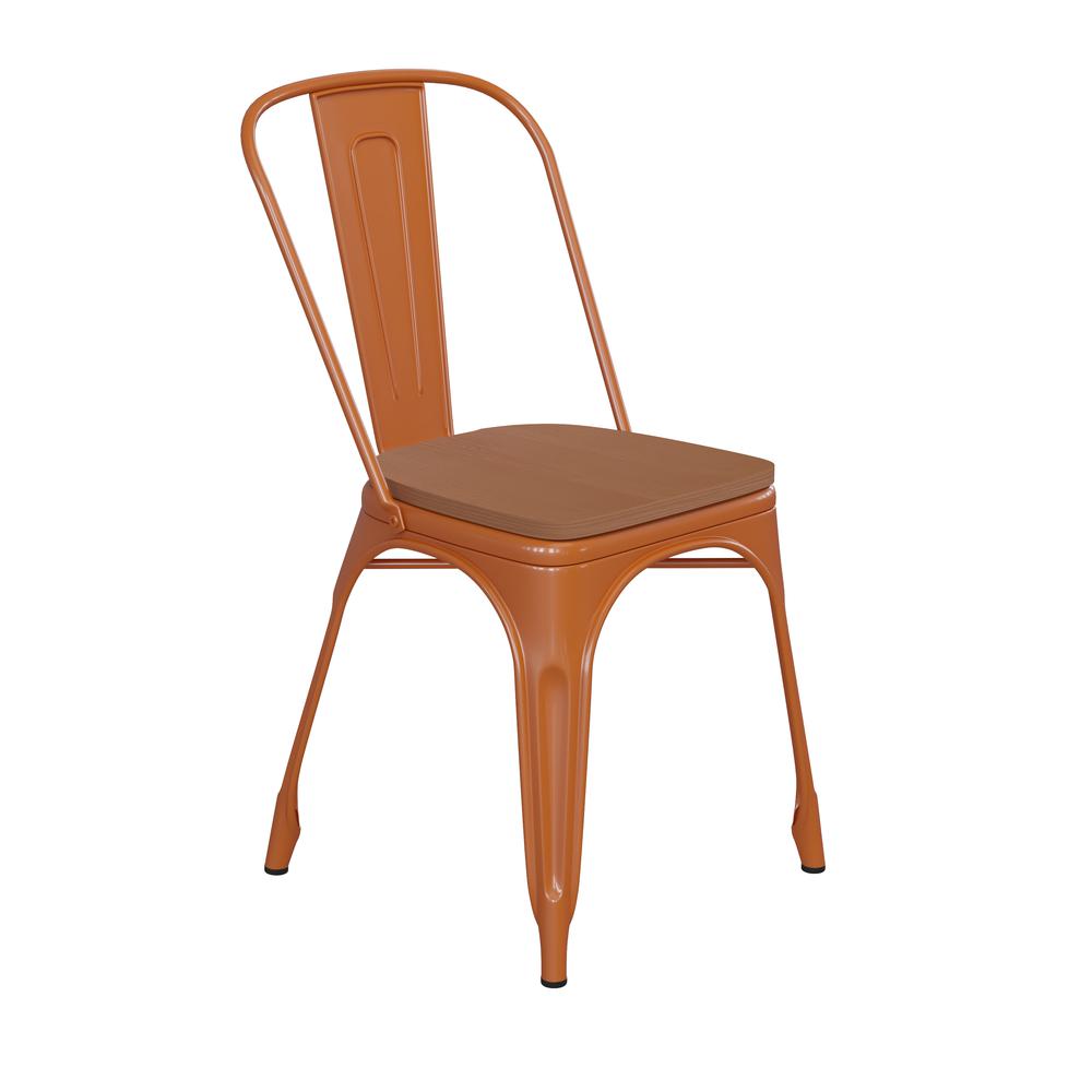 Perry Commercial Grade Orange Metal Indoor-Outdoor Stackable Chair with Teak Poly Resin Wood Seat. Picture 2