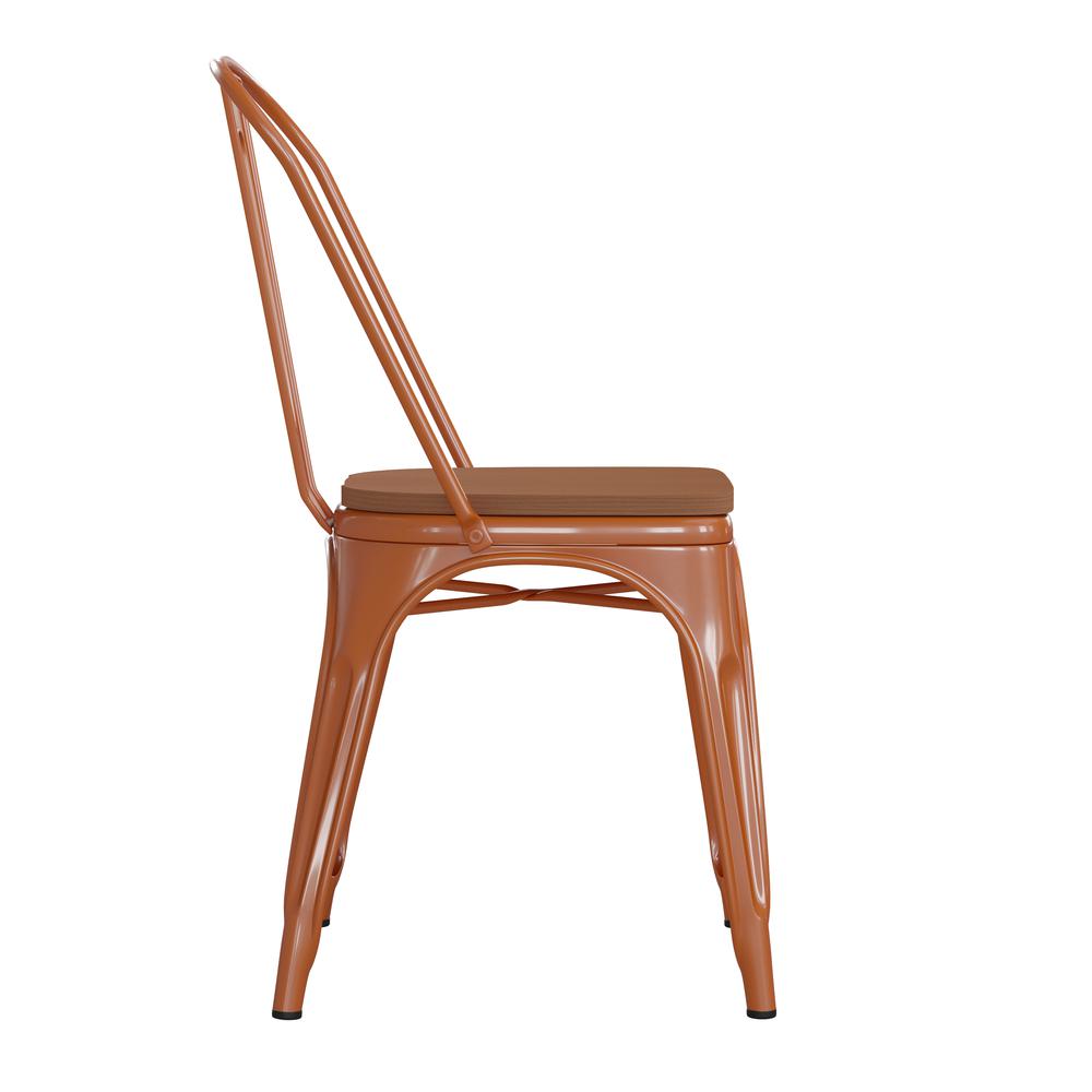 Perry Commercial Grade Orange Metal Indoor-Outdoor Stackable Chair with Teak Poly Resin Wood Seat. Picture 10