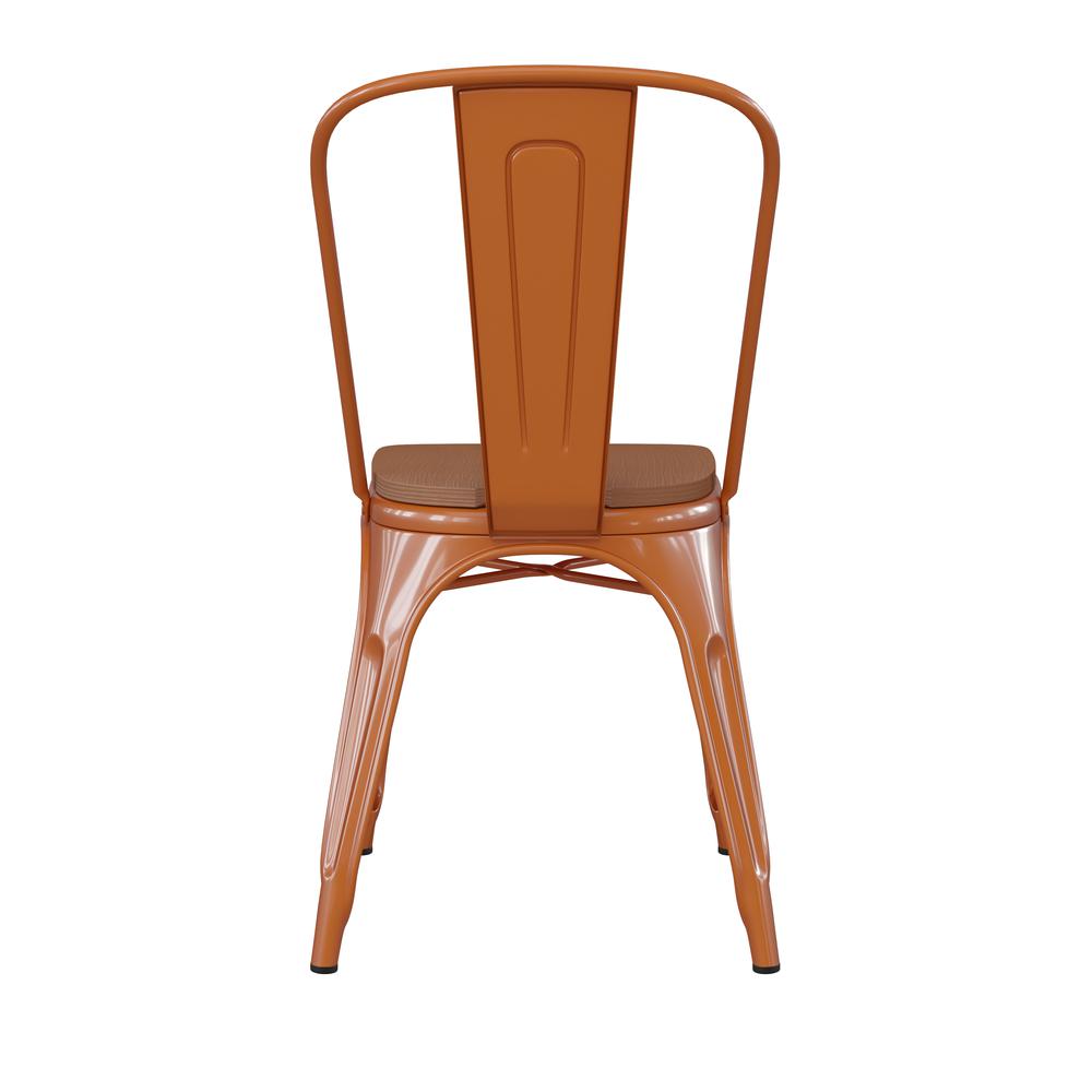 Perry Commercial Grade Orange Metal Indoor-Outdoor Stackable Chair with Teak Poly Resin Wood Seat. Picture 9