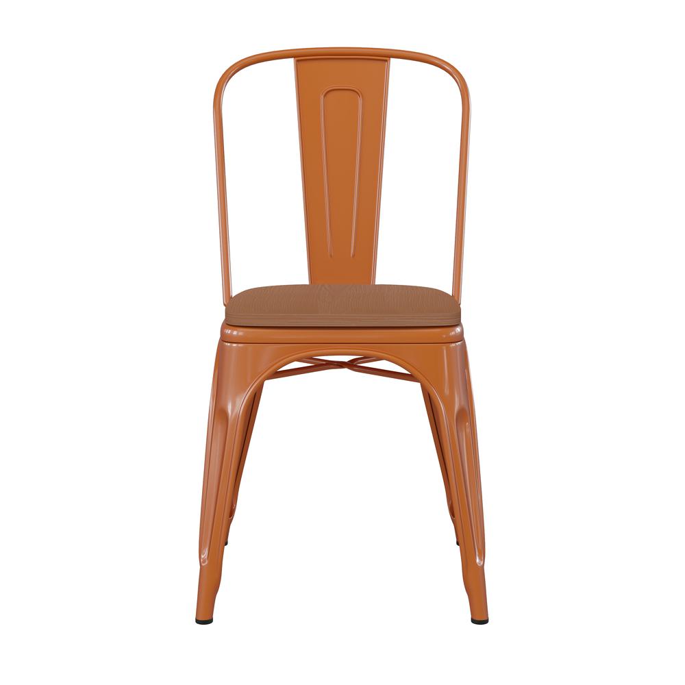 Perry Commercial Grade Orange Metal Indoor-Outdoor Stackable Chair with Teak Poly Resin Wood Seat. Picture 11