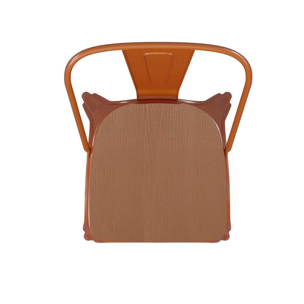 Perry Commercial Grade Orange Metal Indoor-Outdoor Stackable Chair with Teak Poly Resin Wood Seat. Picture 12