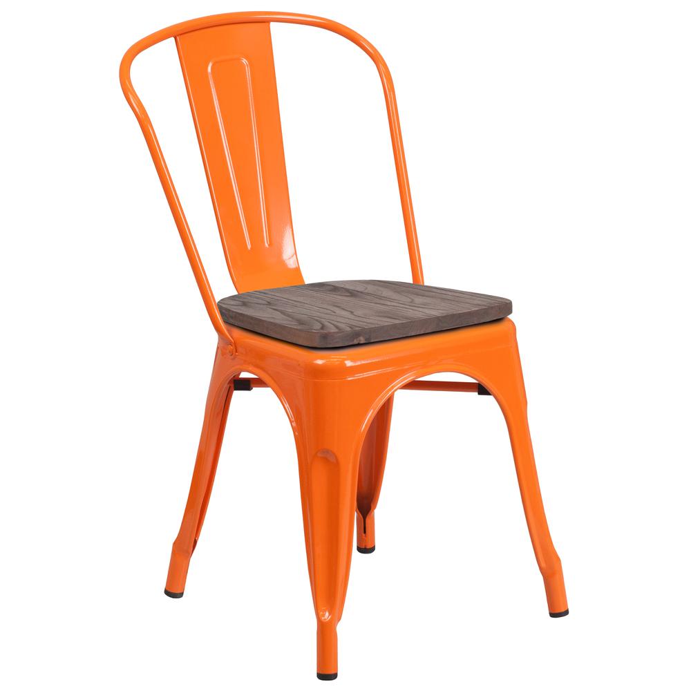 Orange Metal Stackable Chair with Wood Seat. Picture 1