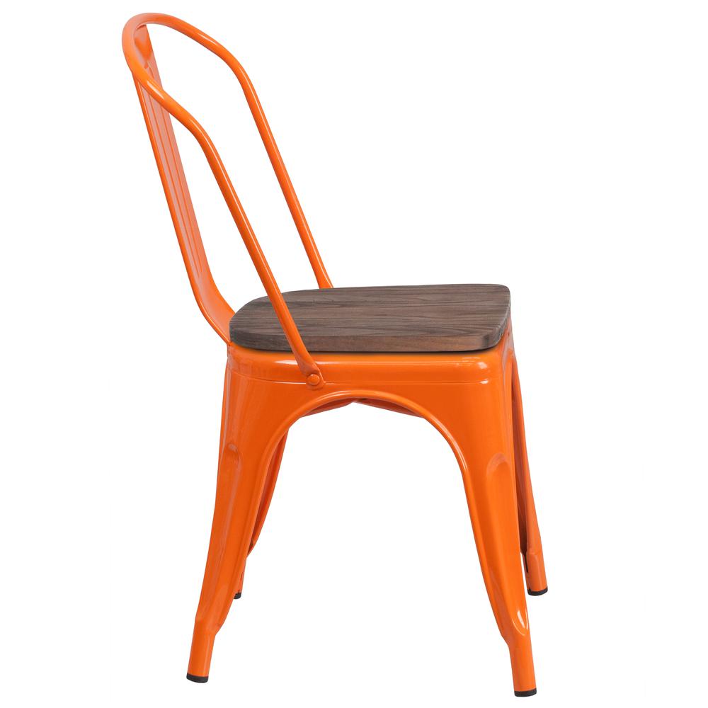 Orange Metal Stackable Chair with Wood Seat. Picture 2