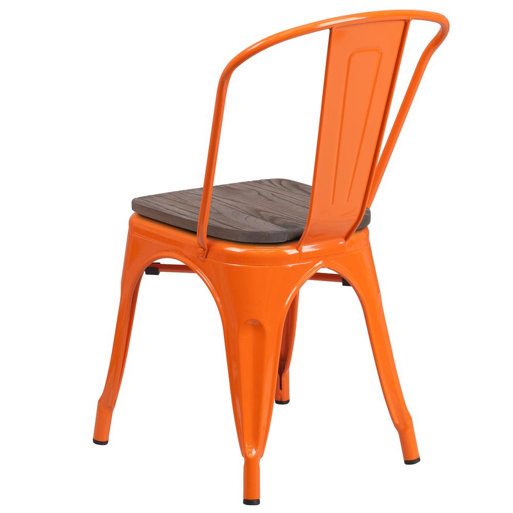 Orange Metal Stackable Chair with Wood Seat. Picture 3