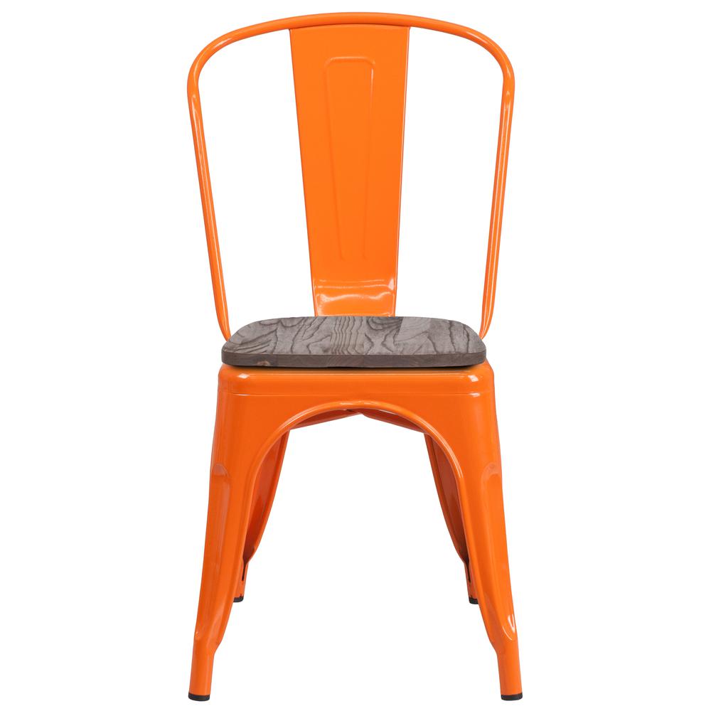 Orange Metal Stackable Chair with Wood Seat. Picture 4