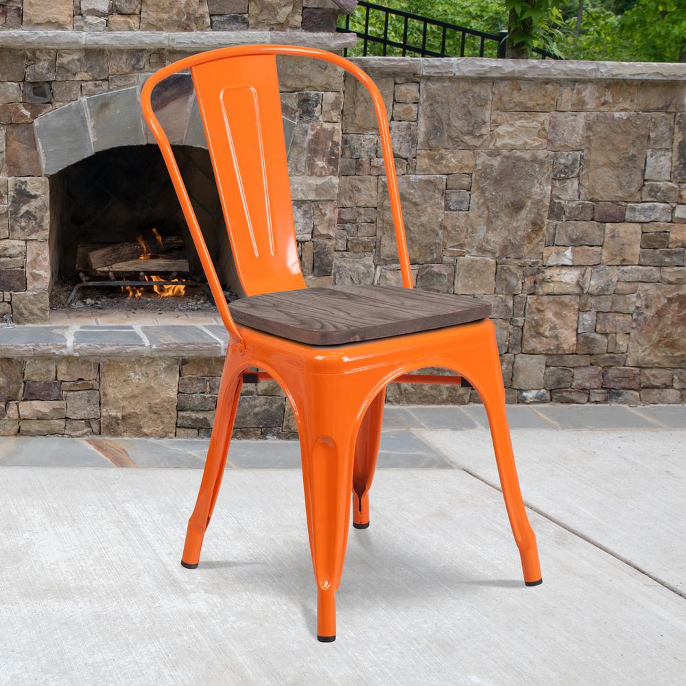 Orange Metal Stackable Chair with Wood Seat. Picture 5