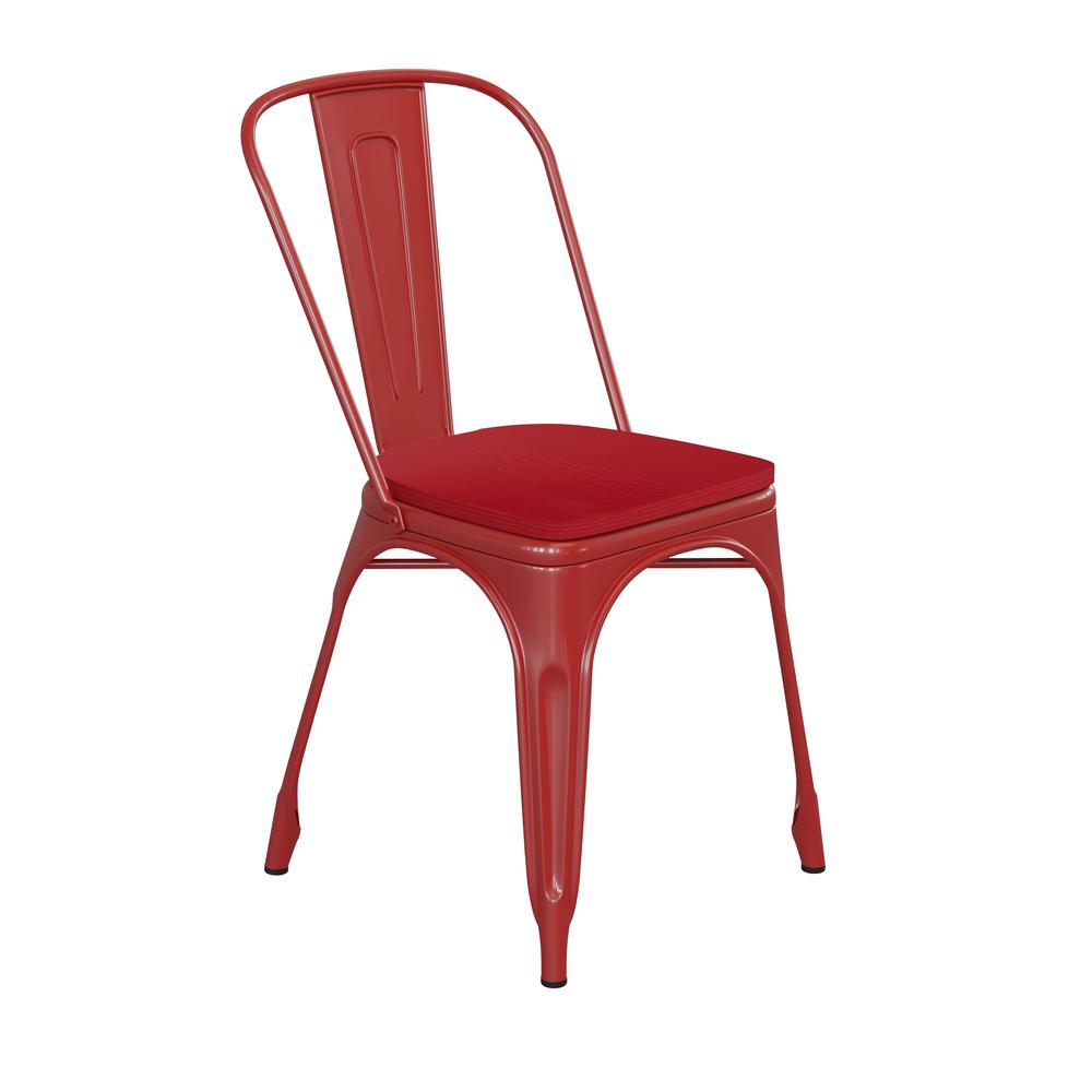 Red Metal Indoor-Outdoor Stackable Chair with Red Poly Resin Wood Seat. Picture 2