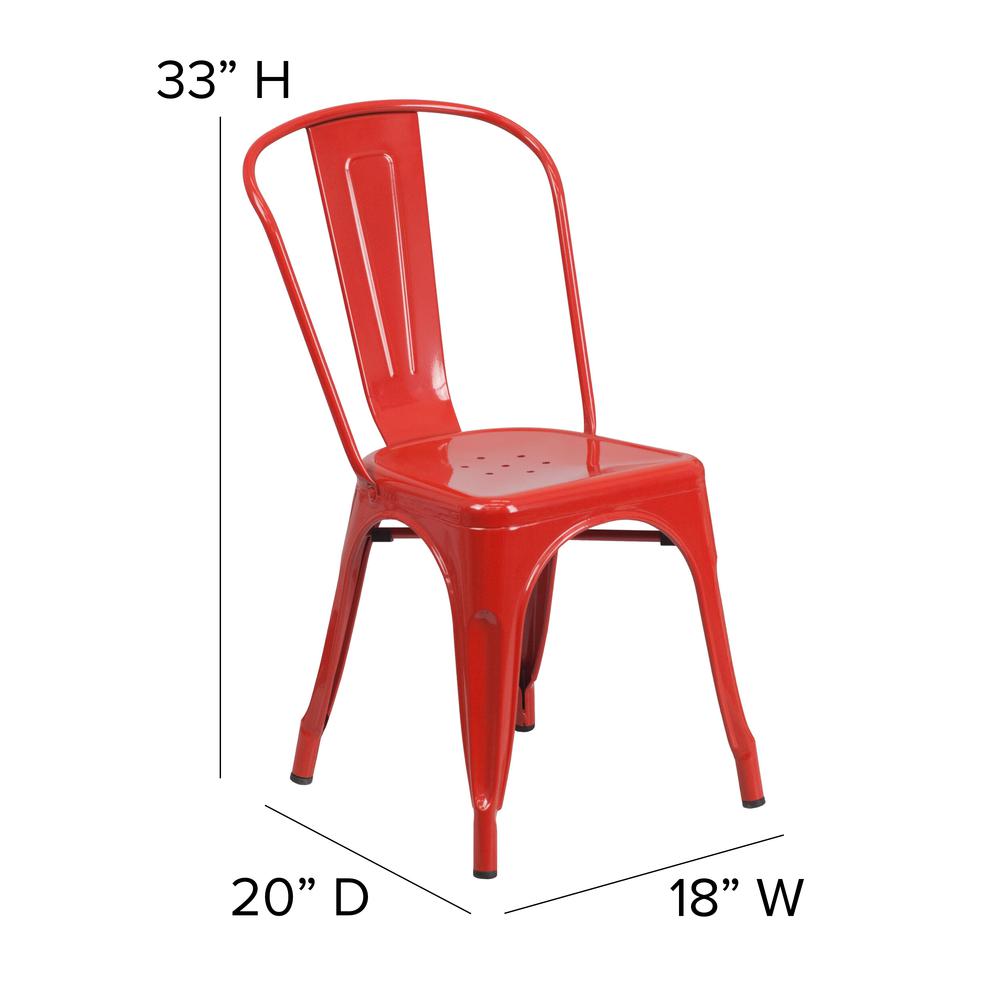 Red Metal Indoor-Outdoor Stackable Chair with Red Poly Resin Wood Seat. Picture 5