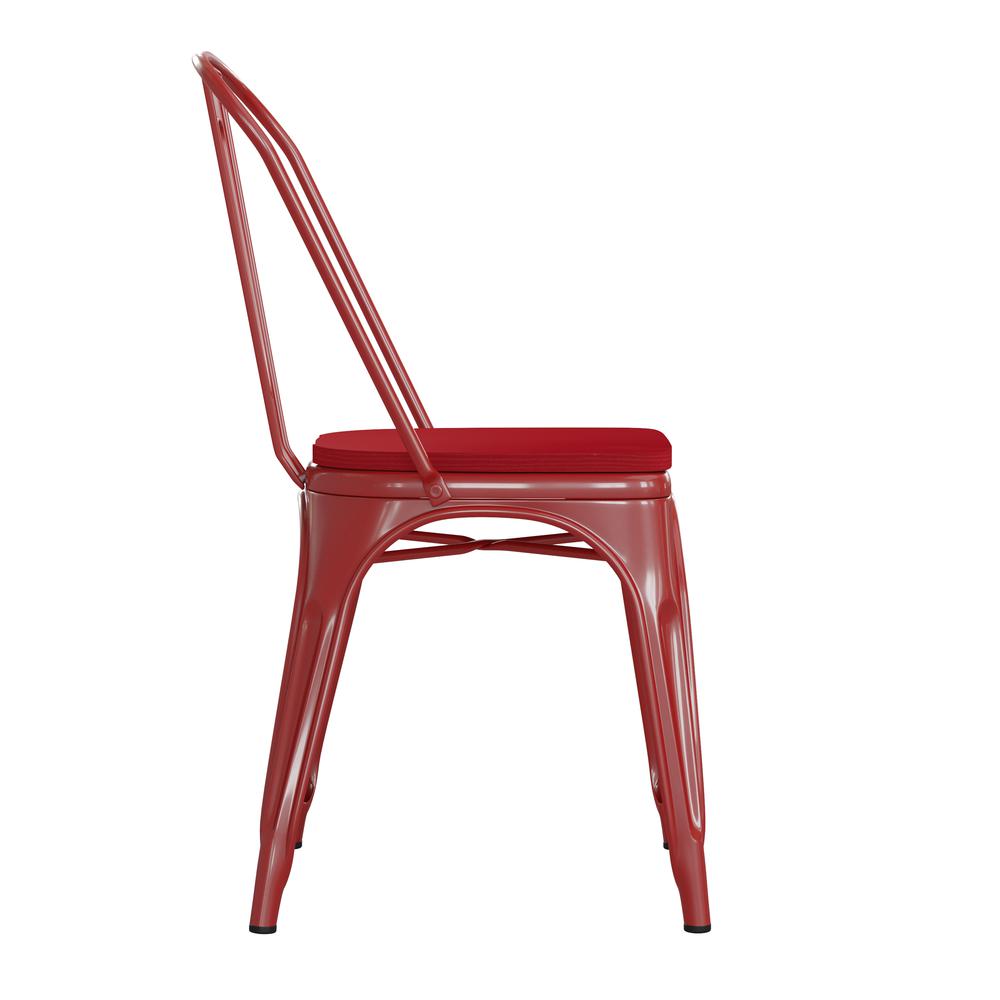 Red Metal Indoor-Outdoor Stackable Chair with Red Poly Resin Wood Seat. Picture 10