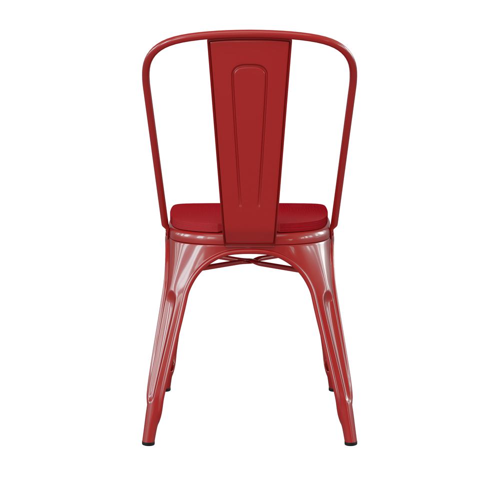 Red Metal Indoor-Outdoor Stackable Chair with Red Poly Resin Wood Seat. Picture 9