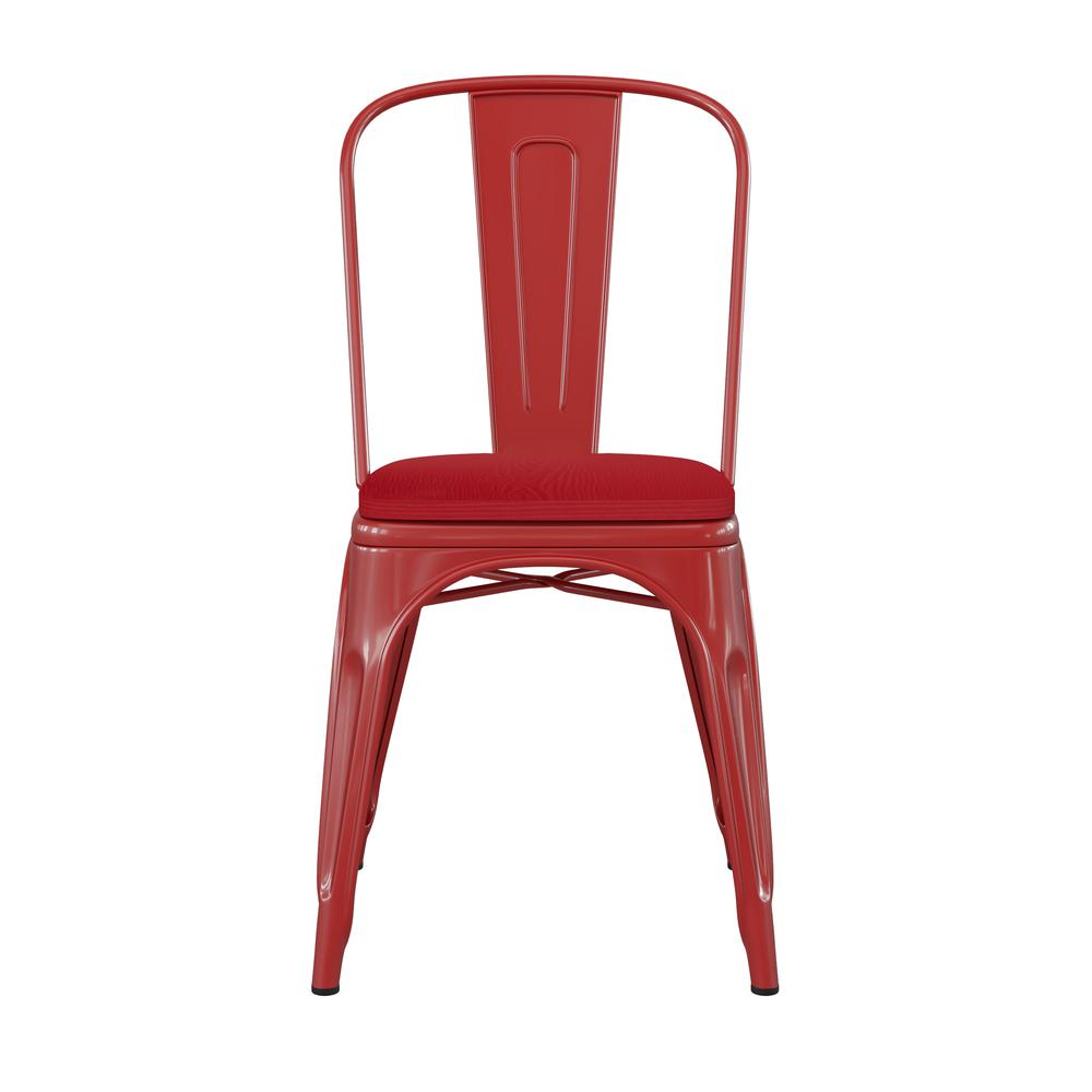 Red Metal Indoor-Outdoor Stackable Chair with Red Poly Resin Wood Seat. Picture 11
