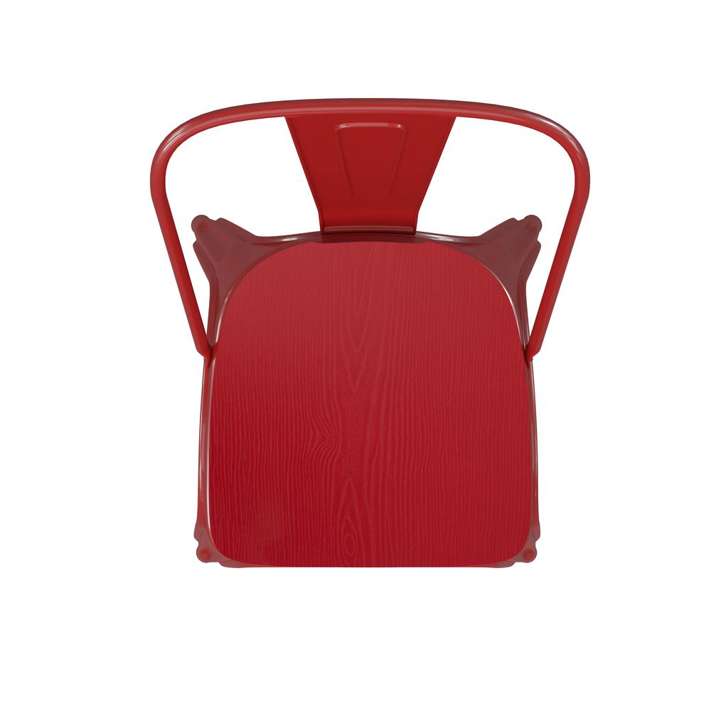 Red Metal Indoor-Outdoor Stackable Chair with Red Poly Resin Wood Seat. Picture 12