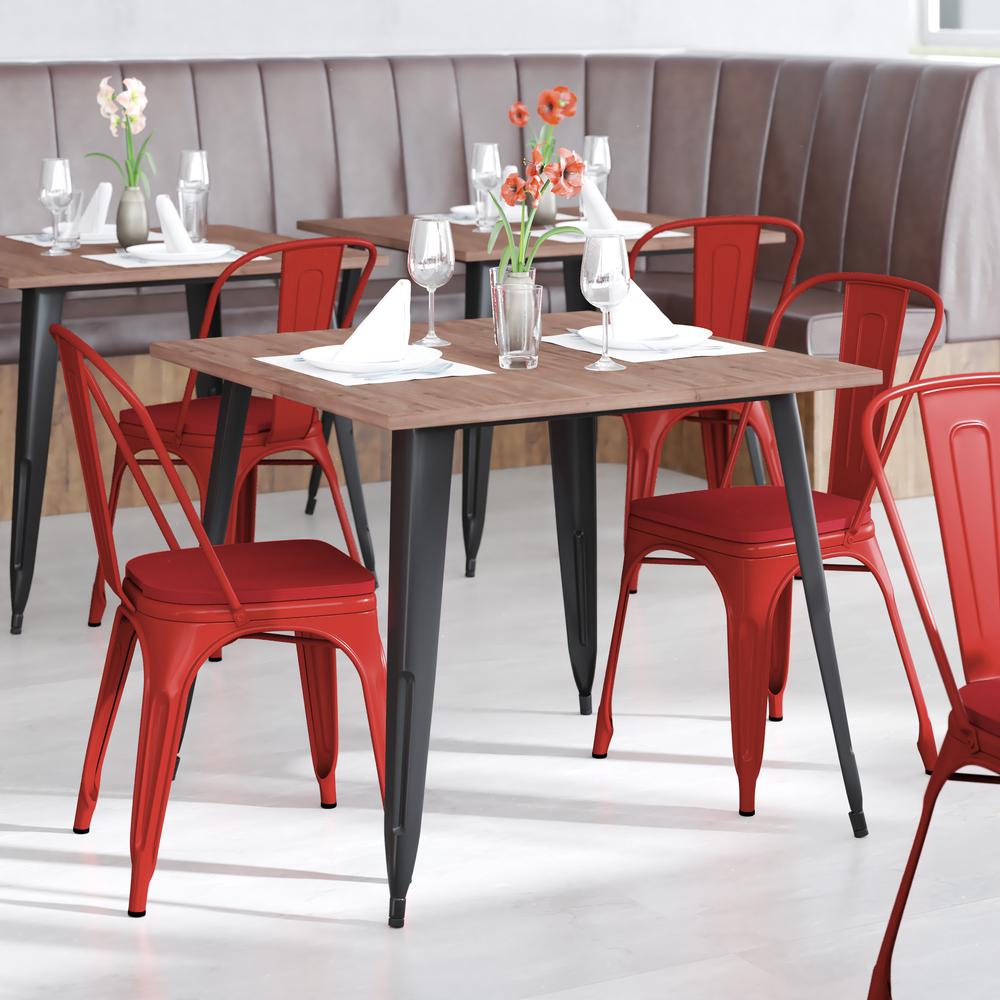 Red Metal Indoor-Outdoor Stackable Chair with Red Poly Resin Wood Seat. Picture 1