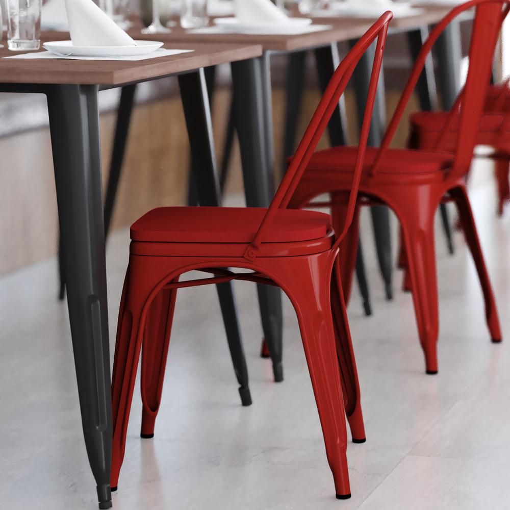 Red Metal Indoor-Outdoor Stackable Chair with Red Poly Resin Wood Seat. Picture 8