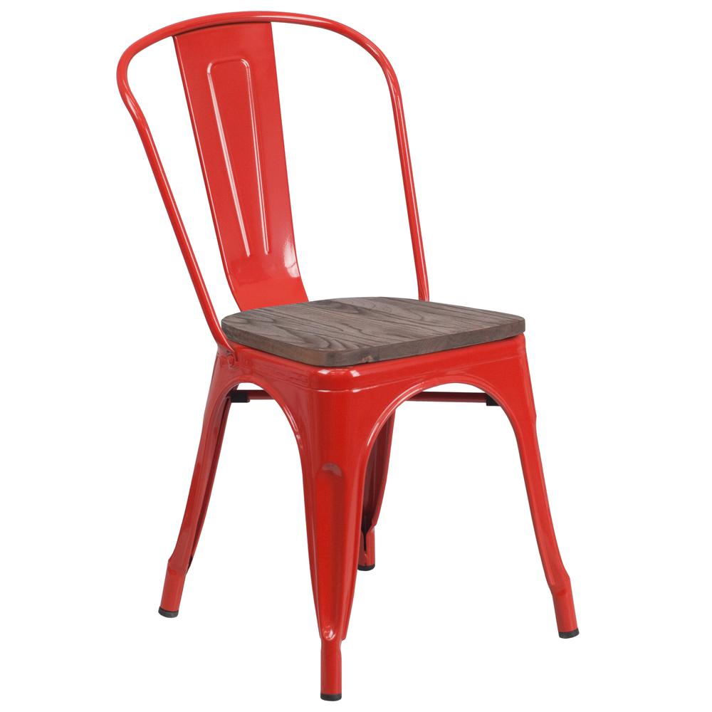 Red Metal Stackable Chair with Wood Seat. Picture 1