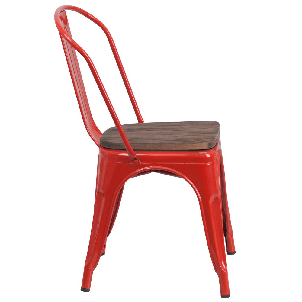 Red Metal Stackable Chair with Wood Seat. Picture 2