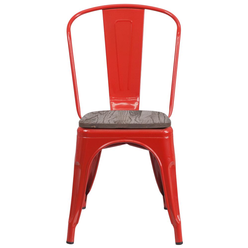 Red Metal Stackable Chair with Wood Seat. Picture 4