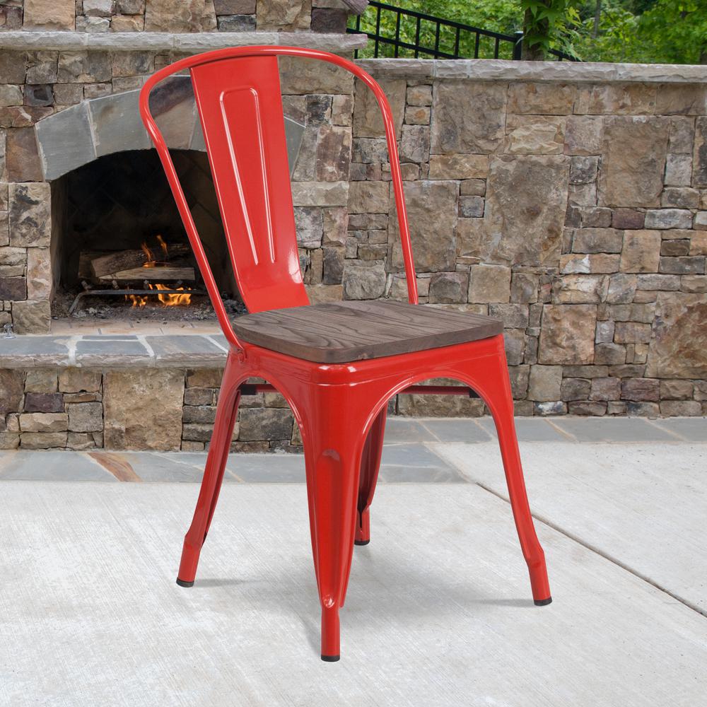 Red Metal Stackable Chair with Wood Seat. Picture 5