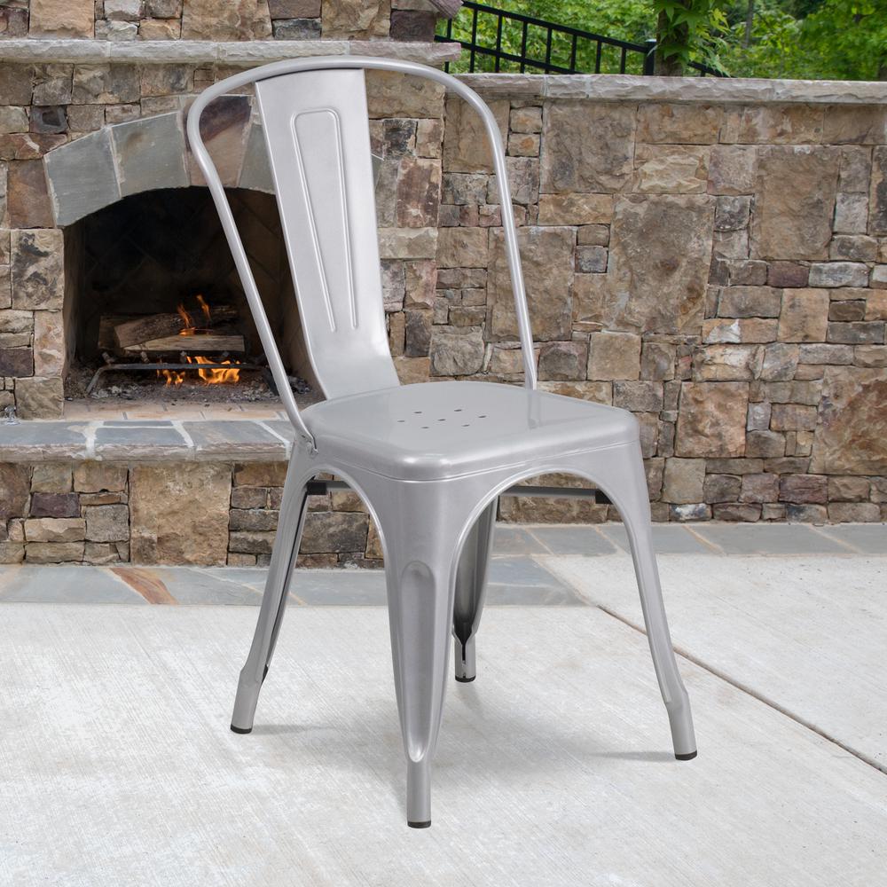 Commercial Grade Silver Metal Indoor-Outdoor Stackable Chair. Picture 9