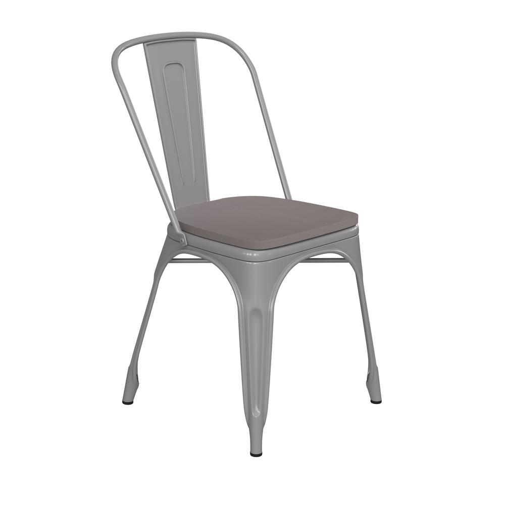 Silver Metal Indoor-Outdoor Stackable Chair with Gray Poly Resin Wood Seat. Picture 2