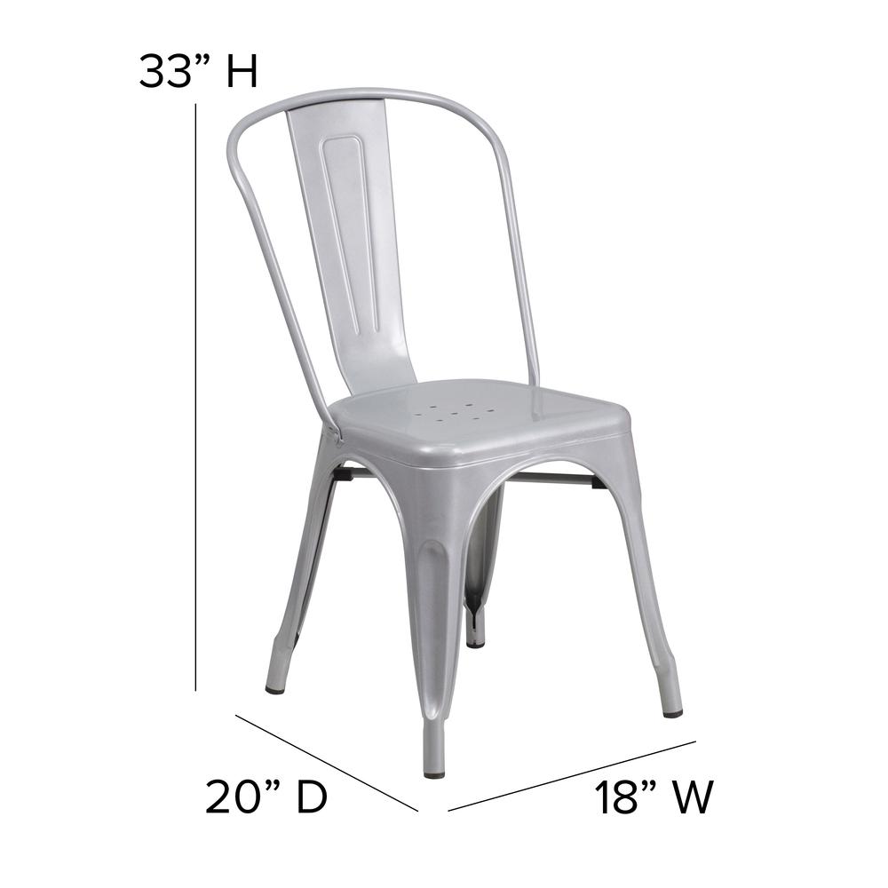 Silver Metal Indoor-Outdoor Stackable Chair with Gray Poly Resin Wood Seat. Picture 5