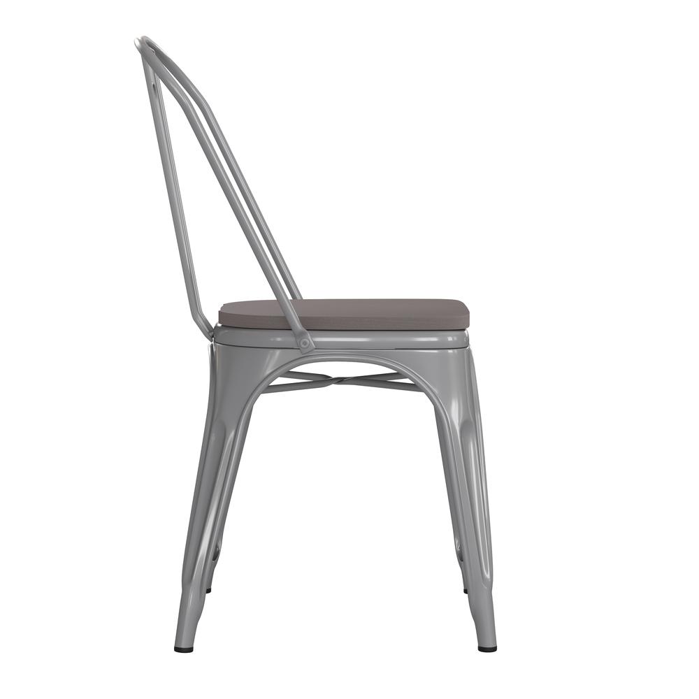 Silver Metal Indoor-Outdoor Stackable Chair with Gray Poly Resin Wood Seat. Picture 10
