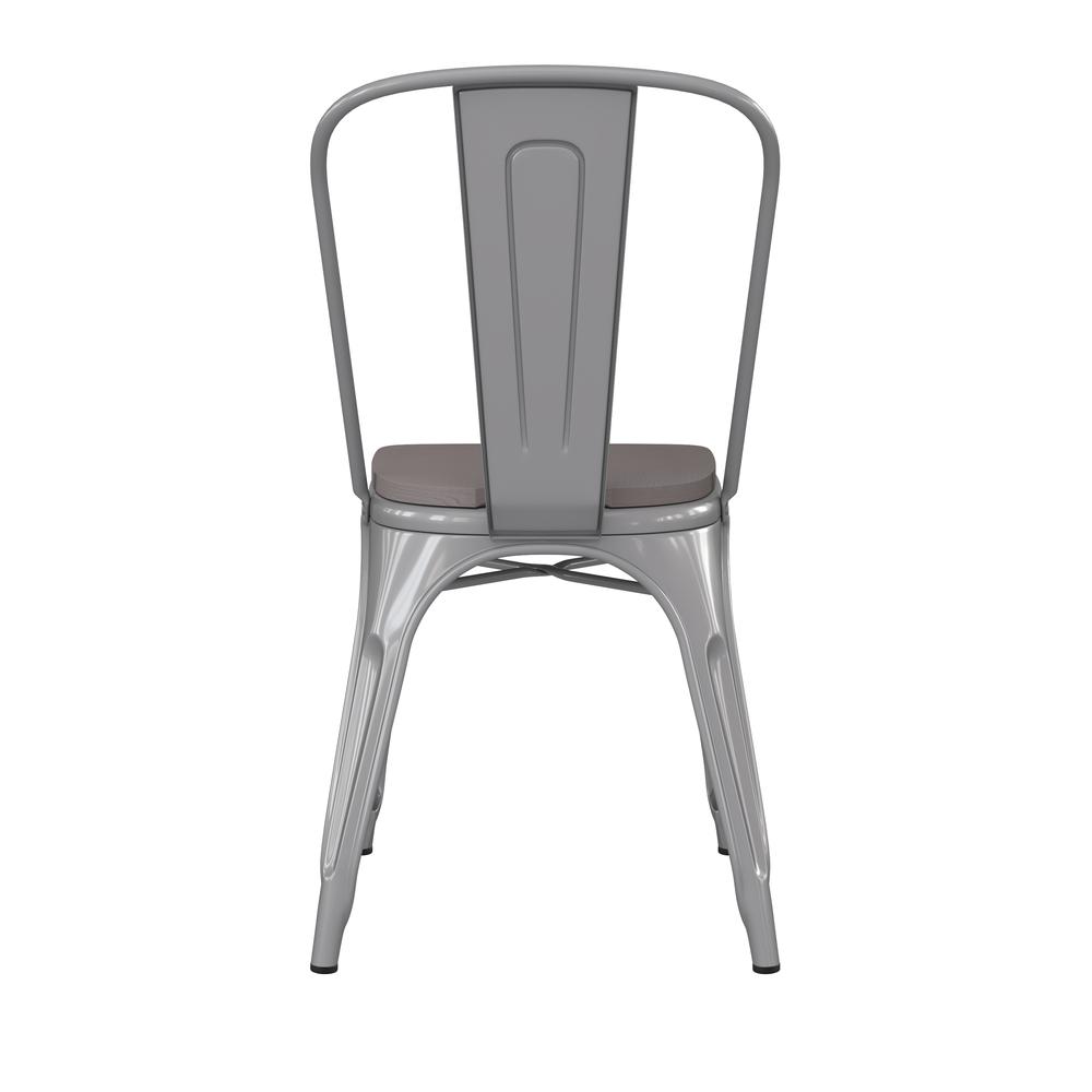 Silver Metal Indoor-Outdoor Stackable Chair with Gray Poly Resin Wood Seat. Picture 9