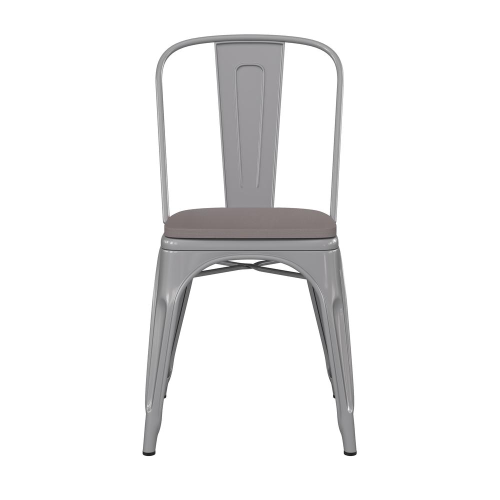 Silver Metal Indoor-Outdoor Stackable Chair with Gray Poly Resin Wood Seat. Picture 11