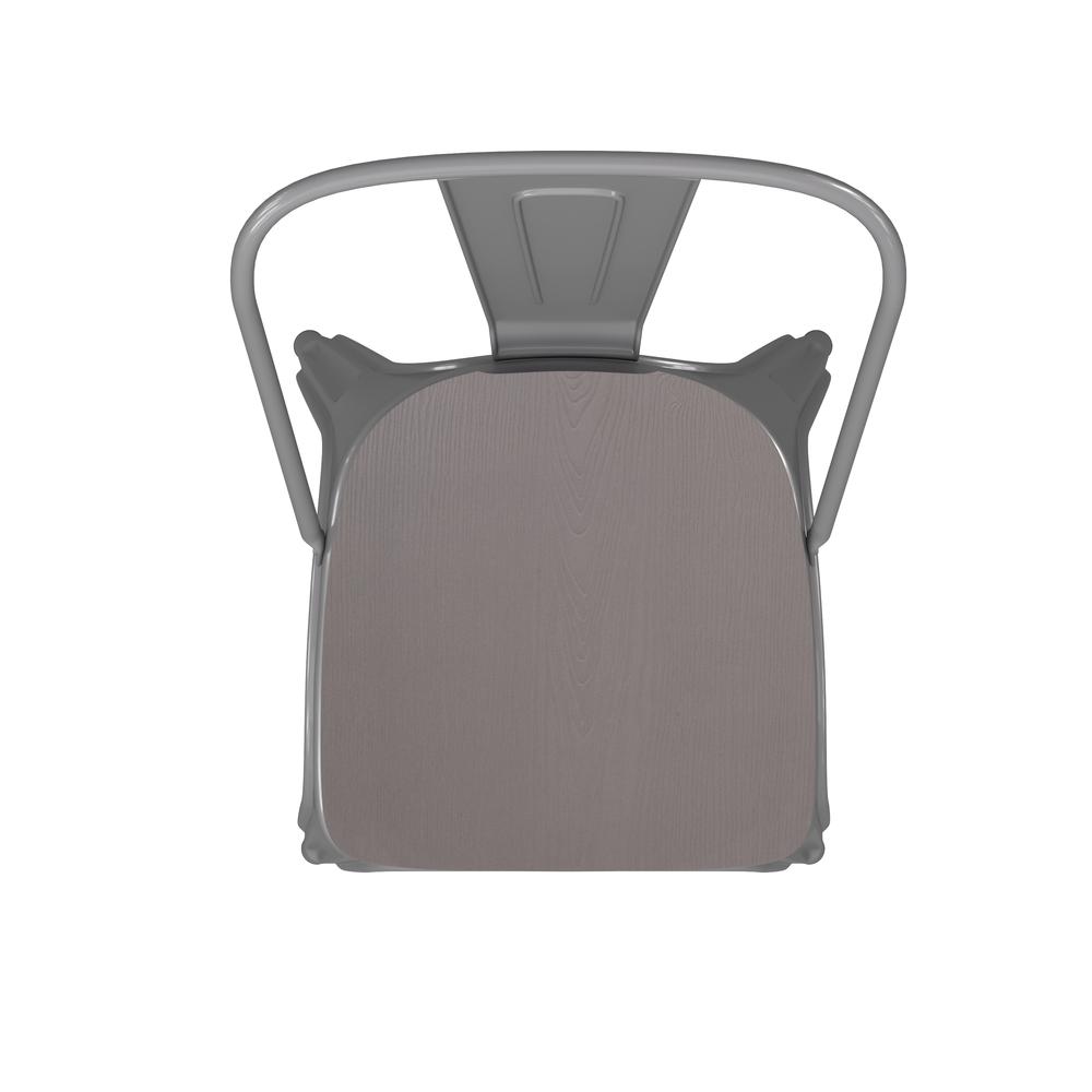 Silver Metal Indoor-Outdoor Stackable Chair with Gray Poly Resin Wood Seat. Picture 12