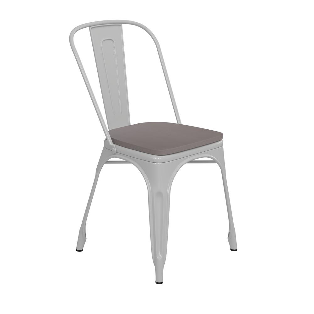 Perry Commercial Grade White Metal Indoor-Outdoor Stackable Chair with Gray Poly Resin Wood Seat. Picture 2