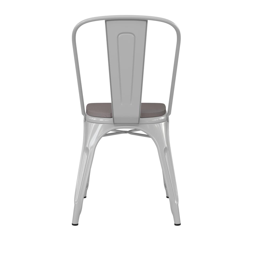 Perry Commercial Grade White Metal Indoor-Outdoor Stackable Chair with Gray Poly Resin Wood Seat. Picture 9