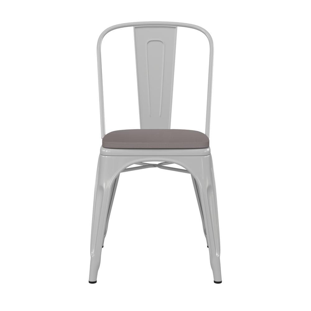 Perry Commercial Grade White Metal Indoor-Outdoor Stackable Chair with Gray Poly Resin Wood Seat. Picture 11